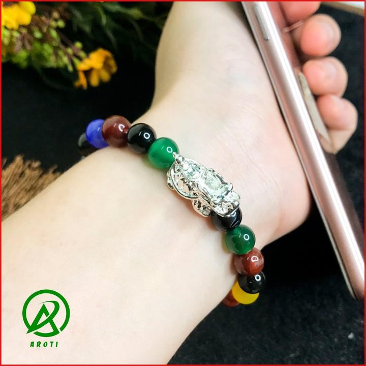 Vòng Tay Phong Thủy - Vòng Tay Mã Não 8mm Mix Long Quy Bạc Độc Lạ V381-8
