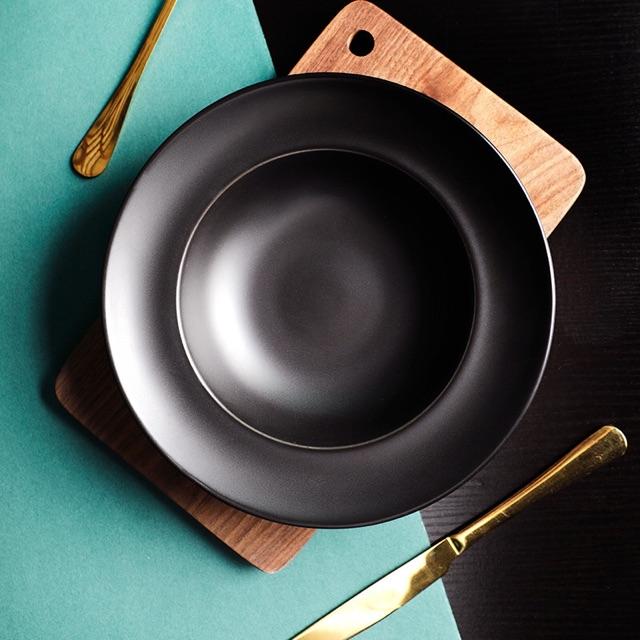 (SALE T9) Đĩa đen dùng cho nhà hàng , đĩa sâu lòng sứ cao cấp-23 cm