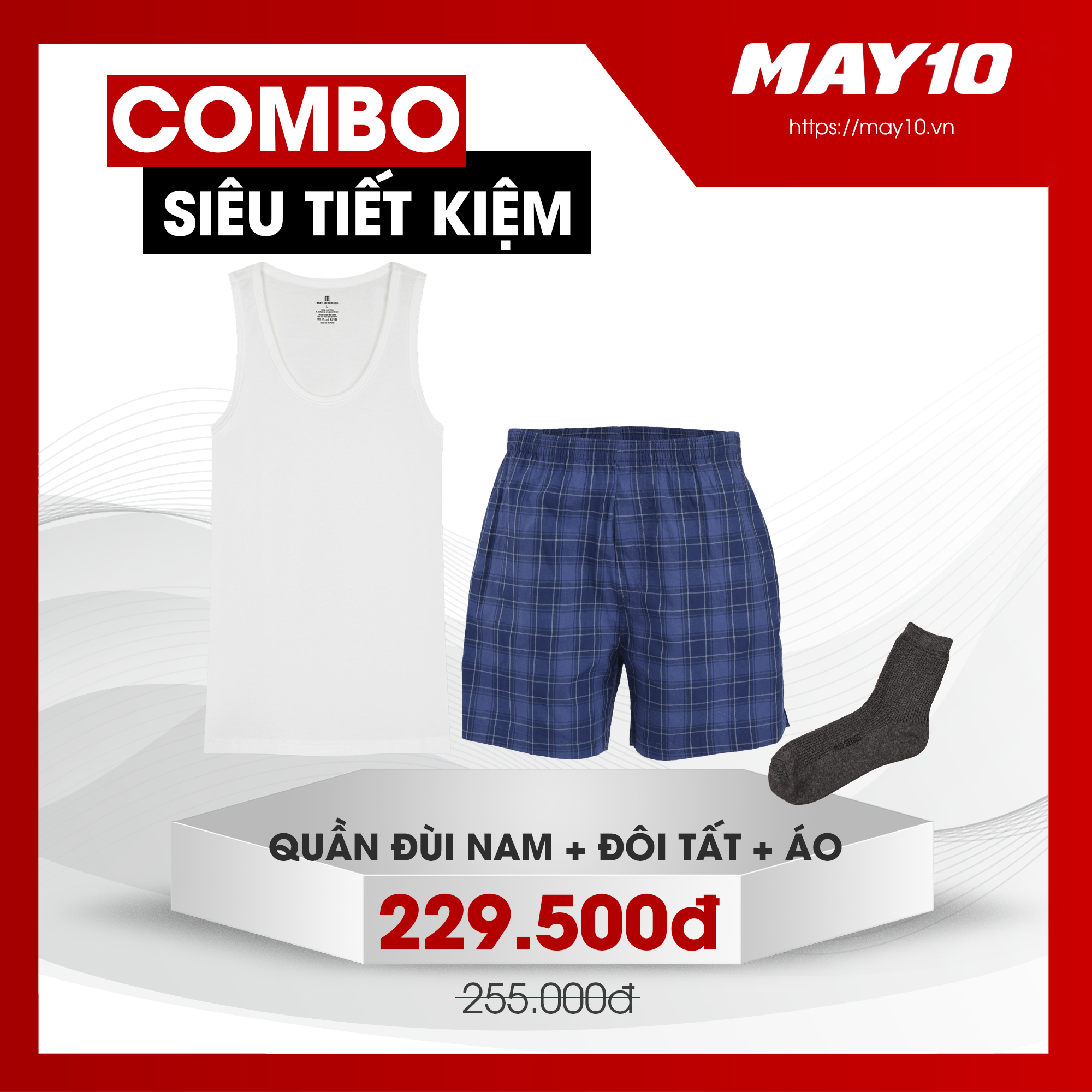 COMBO SIÊU TIẾT KIỆM ÁO LÓT BA LỖ NAM MAY 10 + QUẦN ĐÙI + TẤT CỔ CAO NAM MAY 10 55K (GIAO MÀU NGẪU NHIÊN)