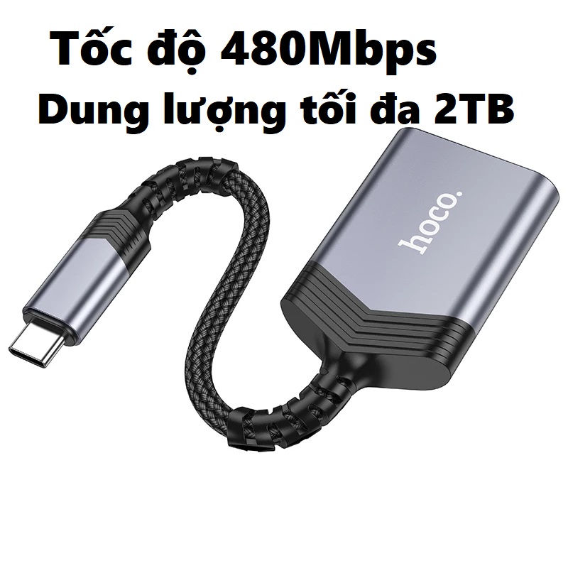 [ iP / type C Card reader ] Đầu đọc thẻ nhớ SD/ TF chuẩn 2.0 cho iP và cho điện thoại laptop type C Hoco UA25 _ Hàng chính hãng