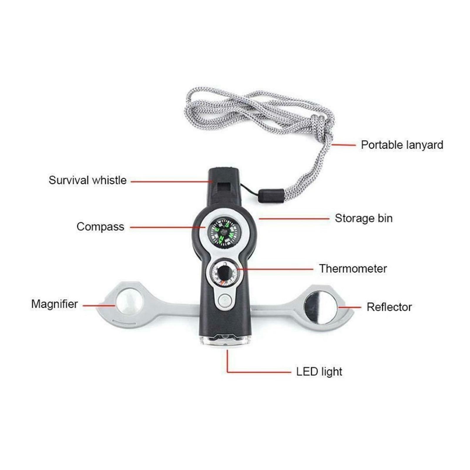 Emergency Whistle,7-in-1 Tool, Survival Flashlight Mirror with Storage,Hiking Compass,Camping Thermometer,Magnifier Mirror for Survival Compass