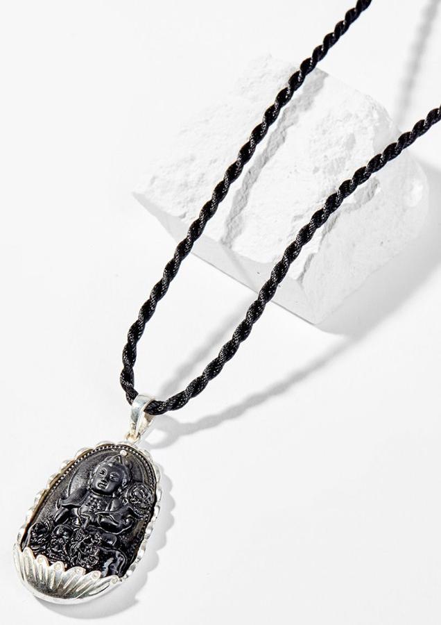 Mặt Dây Chuyền Phong Thủy Đá Obsidian Phật Bản Mệnh Tuổi Thìn, Tỵ Phổ Hiền Bồ Tát Bọc Bạc Ngọc Quý Gemstones