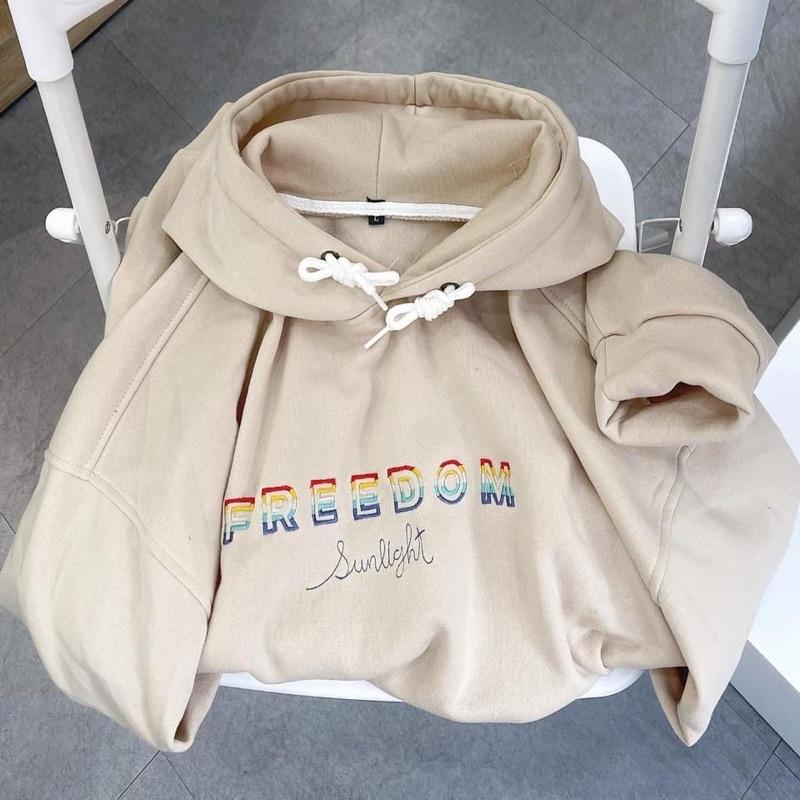 Áo Hoodie Nỉ Lót Bông form rộng chữ thêu FREEDOM màu kem unisex