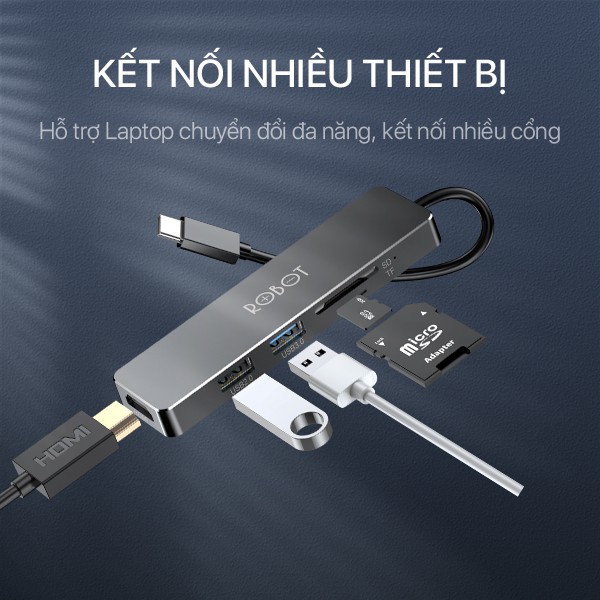 HUB Chuyển Đổi Đa Năng 5 In 1 ROBOT HT240S Type-C Cổng Kết Nối USB 3.0/HDMI/PD/SD/TF - Hàng chính hãng