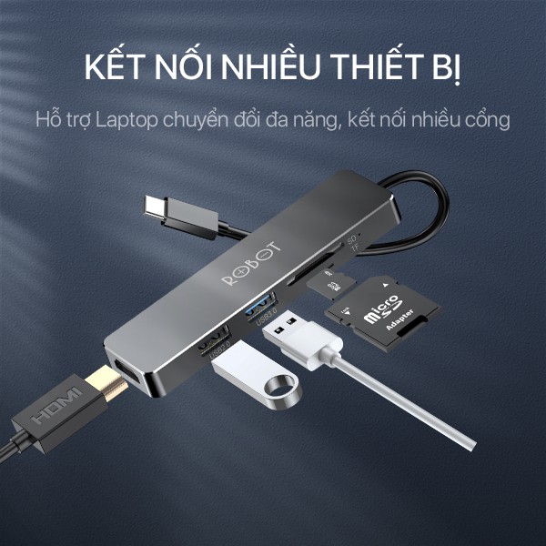 Bộ Chuyển Đổi Đa Năng HUB USB-C 5 In 1 ROBOT HT240S Type-C To USB 3.0/HDMI/PD/SD/TF - Hàng Chính Hãng
