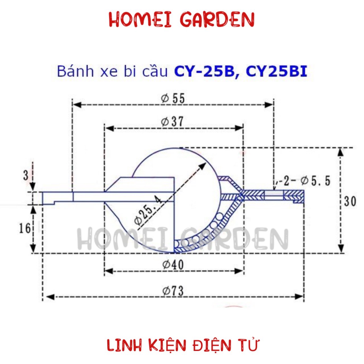 Bánh xe bi cầu phi 25mm CY-25B tải trọng 35kg - HM0143