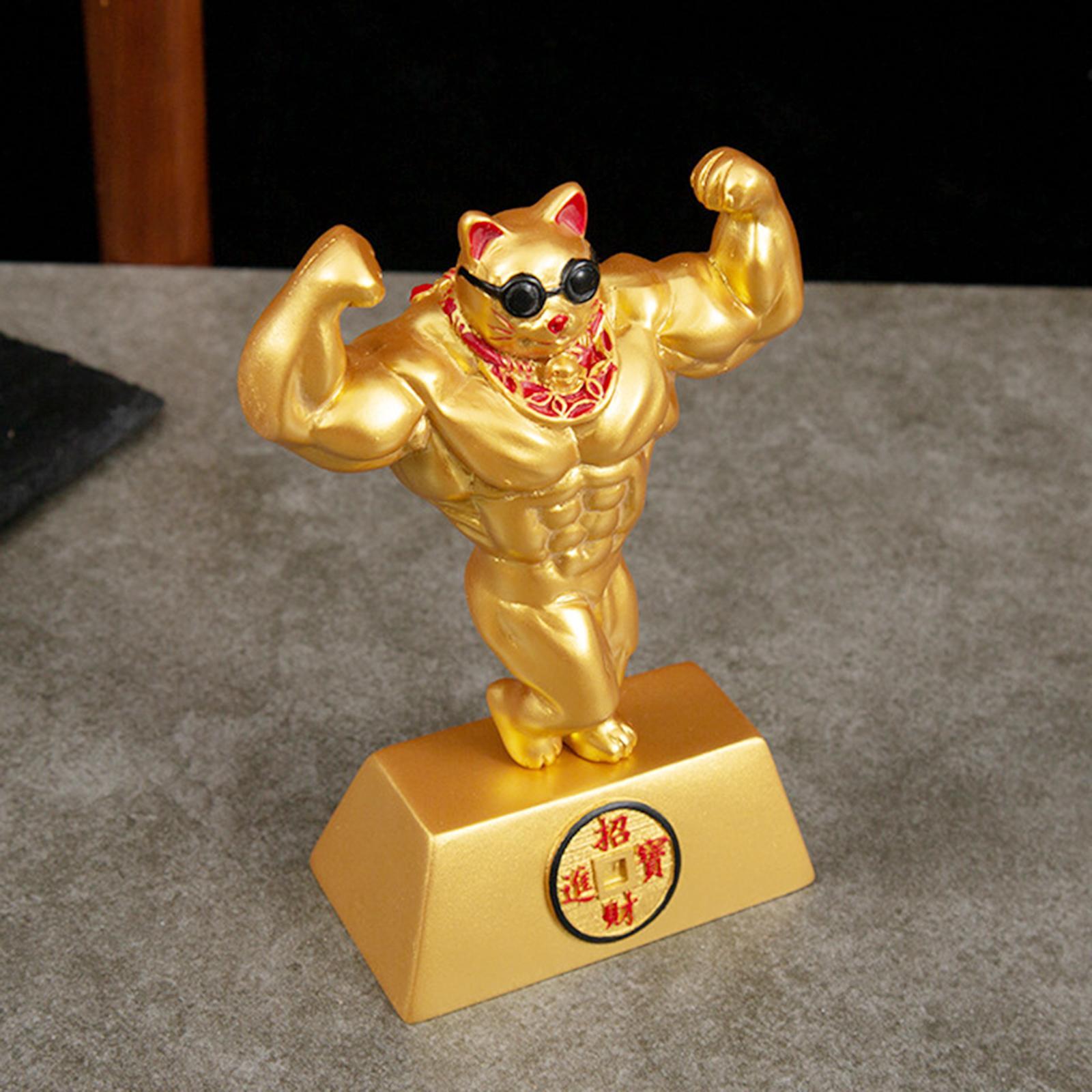 Gold Money Cat Sculptures Muscle Arm Fortune Cat Opening Gift for Welcoming Living Room