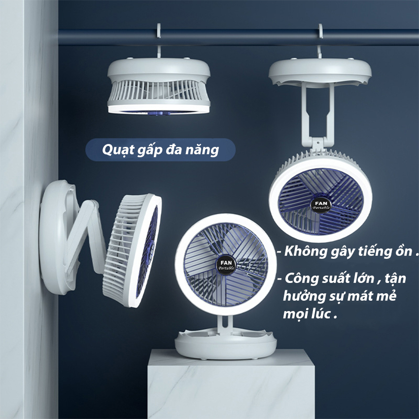 Quạt tích điện mini Đa Năng SeaSy SS83 có đèn Led hỗ trợ Livestream, có thể gấp gọn để bàn hoặc gắn treo tường có 4 mức gió xoay 300 độ - Hàng Chính Hãng