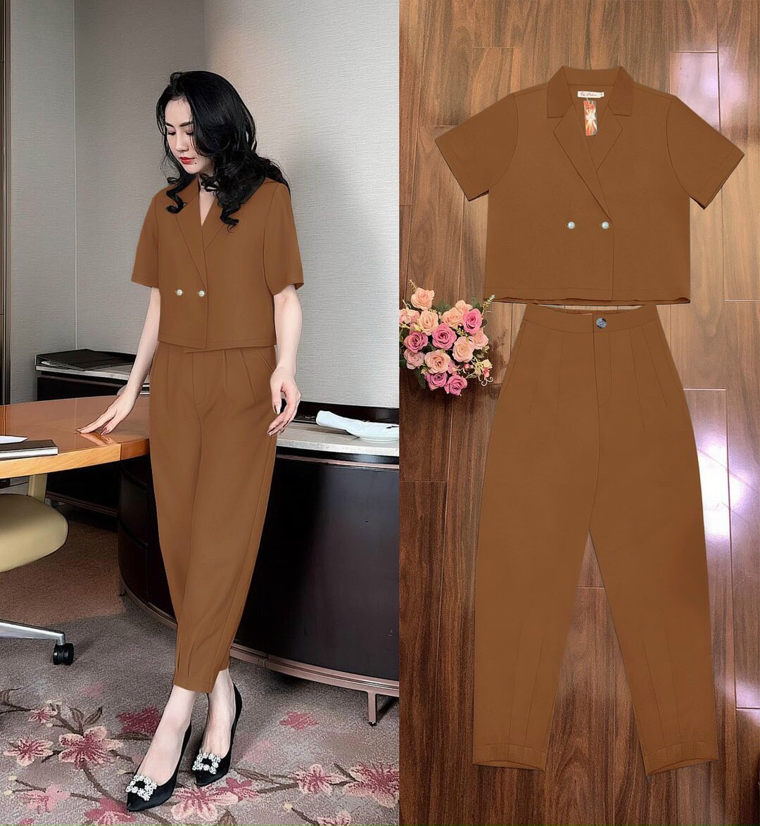 Sét nguyên bộ quần baggy xếp ly lưng thun áo vest croptop xinh xắn