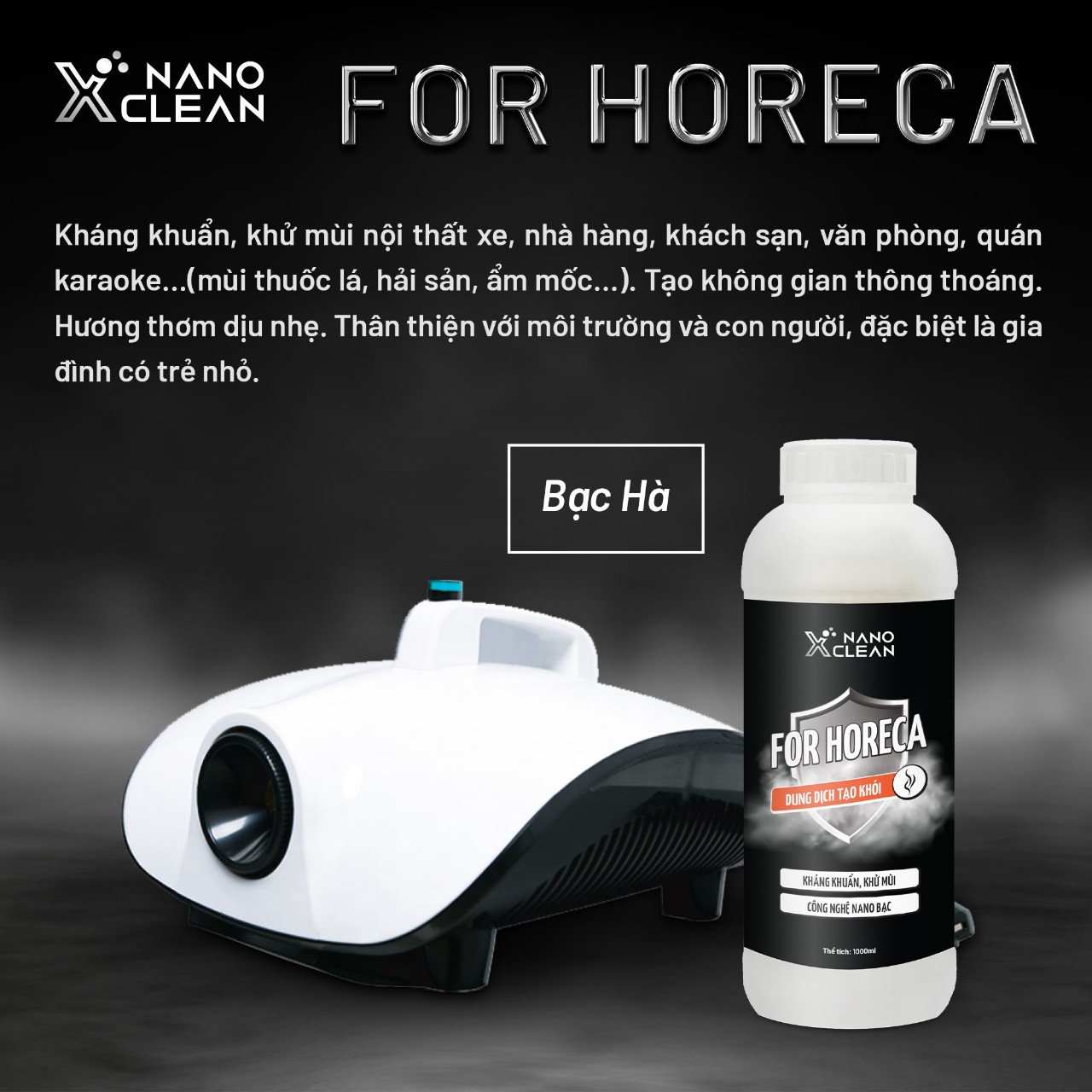 Khử mùi ô tô, xe hơi-Dung Dịch Phun Khói, Tạo Khói Nano Xclean For Horeca 1 Lít-Phun Khói Khử Khuẩn-Khử Mùi Không Gian Nhà Ở, Văn Phòng, Nhà Hàng, khách sạn, karaoke-AHTC