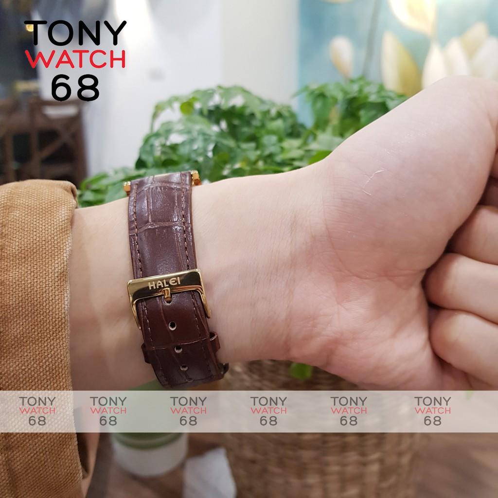 Đồng Hồ Nam Dây Da Nâu Mặt Trắng Viền Vàng Halei Chính Hãng Tony Watch 68