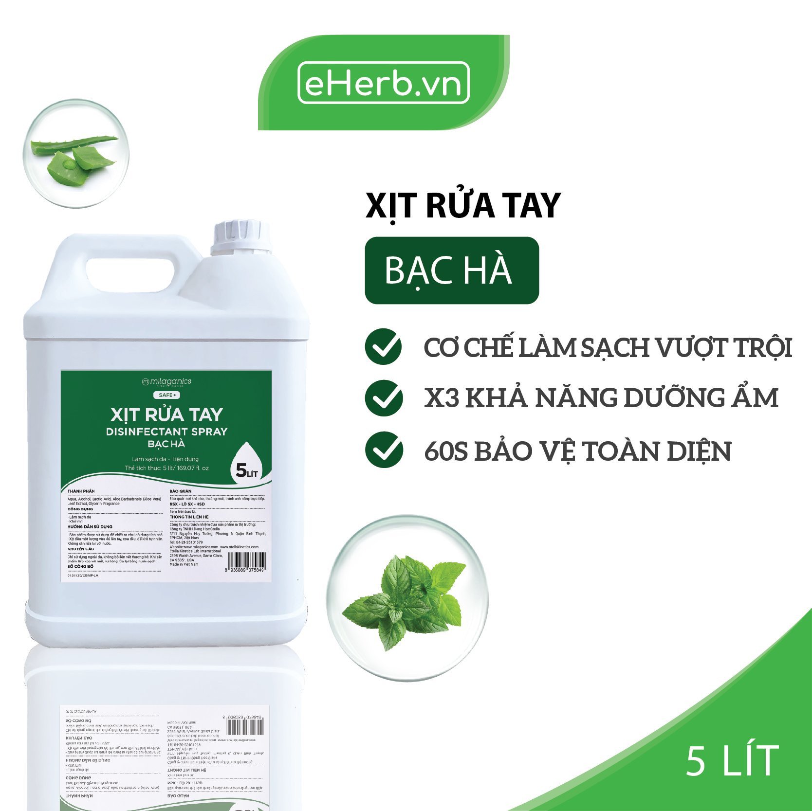 (SIZE LỚN) Nước Rửa Tay Khô Bạc Hà Sát Khuẩn, Làm Sạch Vượt Trội, Dưỡng Ẩm Không Gây Khô Da MILAGANICS 5LIT (Can) - Kèm Bình Xịt Chiết