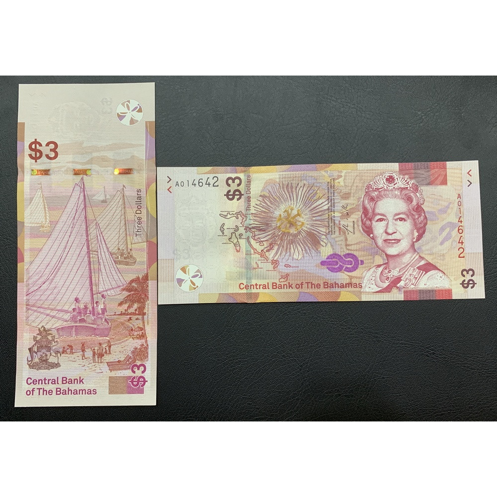 Tiền Bahamas 3 Dollar , tiền nữ hoàng Elizabeth II , tiền châu Mỹ , Mới 100% UNC