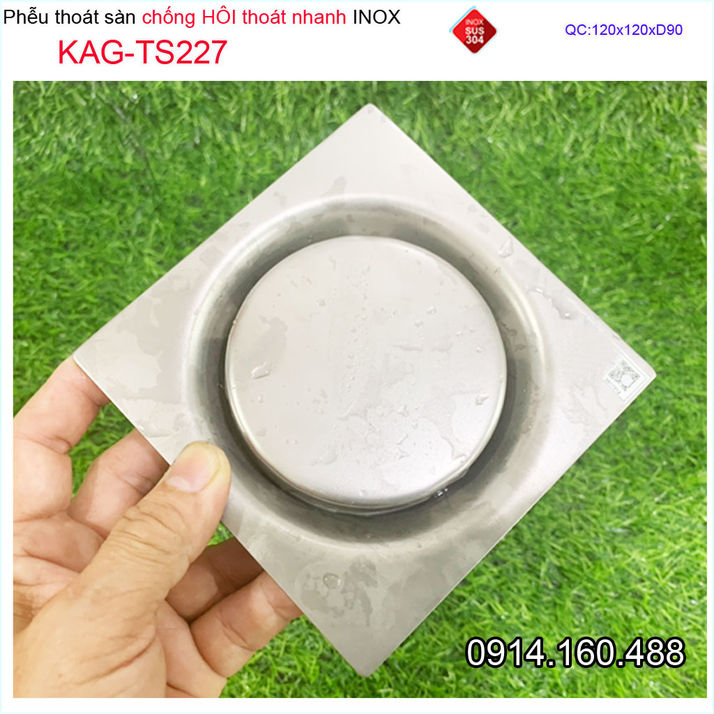 Thoát sàn ban công KAG-TS227 vuông 12x12cm ống D90, thoát sàn vách tắm đứng chống hôi phễu thu nước sang trọng sử dụng tốt