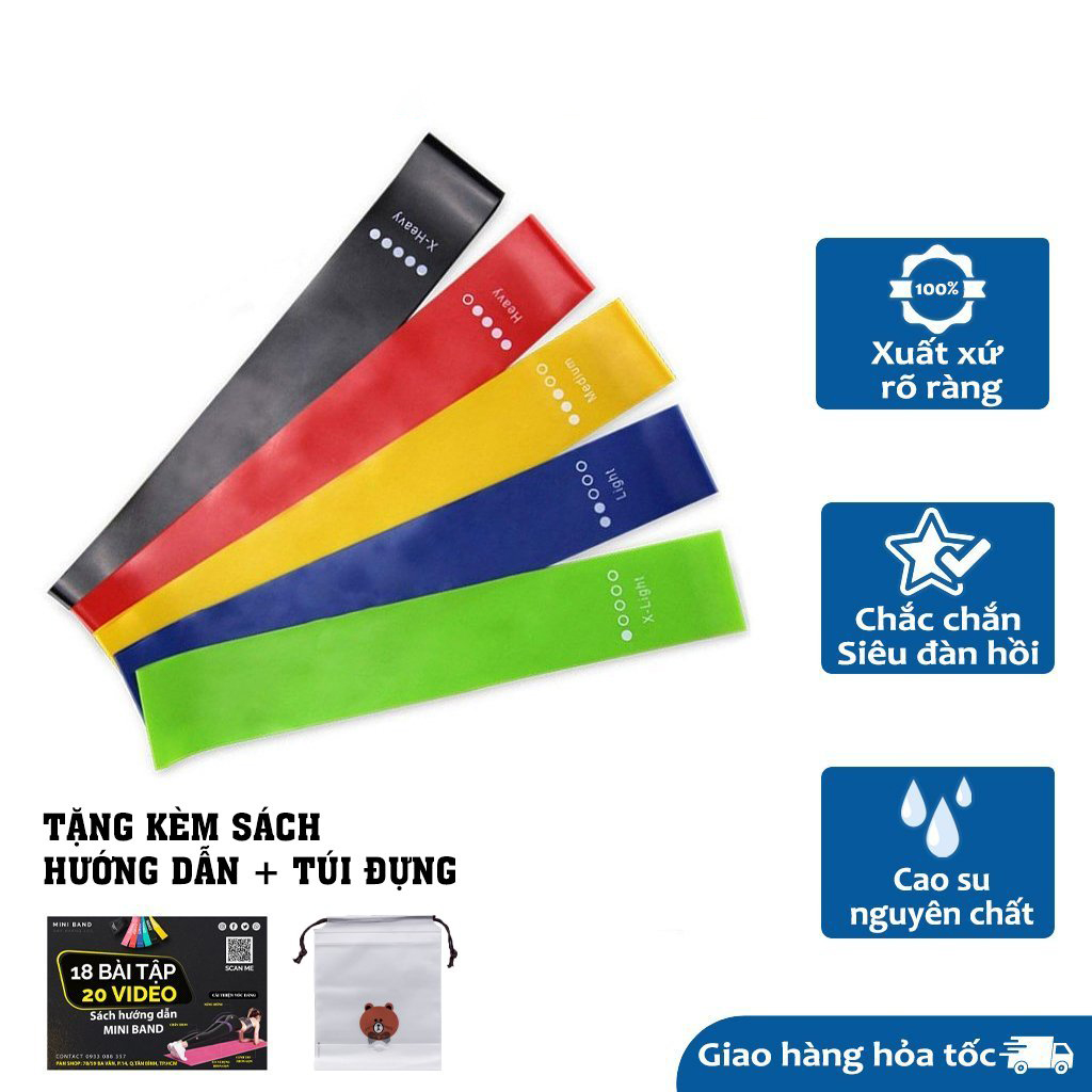 Bộ 5 dây đàn hồi tập gym, dây đàn hồi miniband tập yoga, dây đàn hồi tập thể dục, dây đàn hồi kháng lực cao cấp