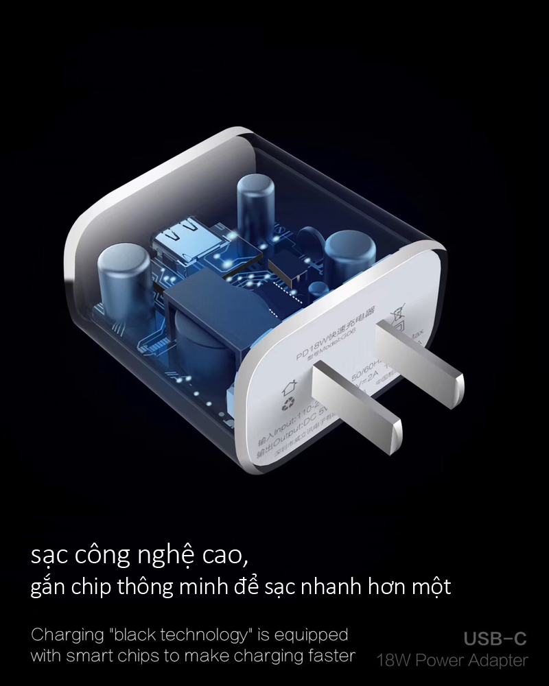 Bộ cốc sạc kèm theo dây sạc dẹt Lightning hỗ trợ sạc nhanh 18W dành cho các dòng máy iPhone cao cấp NO6-IP
