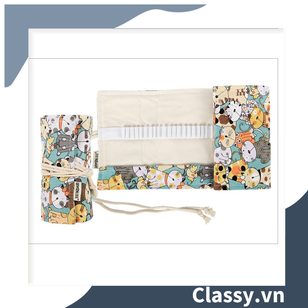 Túi đựng bút dạng cuộn vải cotton, phong cách vintage hình mèo PK617