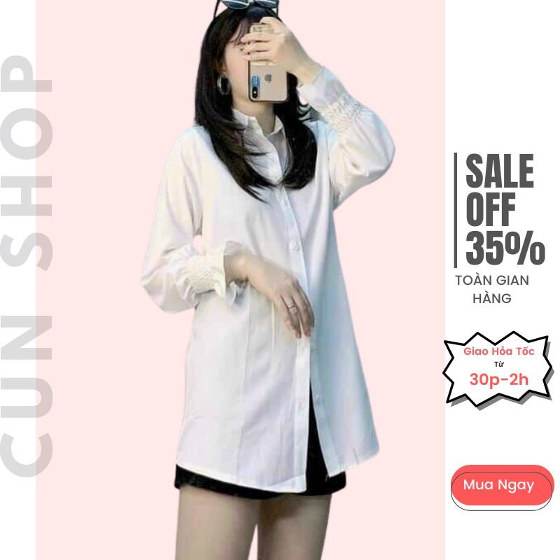 Áo sơ mi unisex nữ đen trắng dài tay Nhún form rộng , sơ mi nữ công sở dáng suông-CUN0550