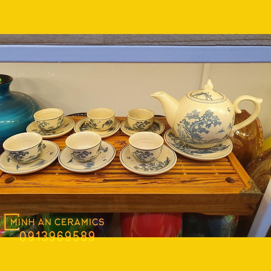 Bộ ấm chén men rạn cổ chóp lửa số 1 vẽ cây tùng gốm Minh An Bát Tràng