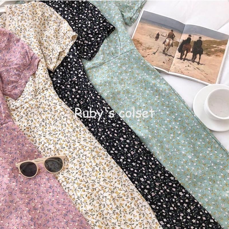 Đầm vintage hoa nhí - Váy hoa nhí vintage tiểu thư cổ ren kèm chun