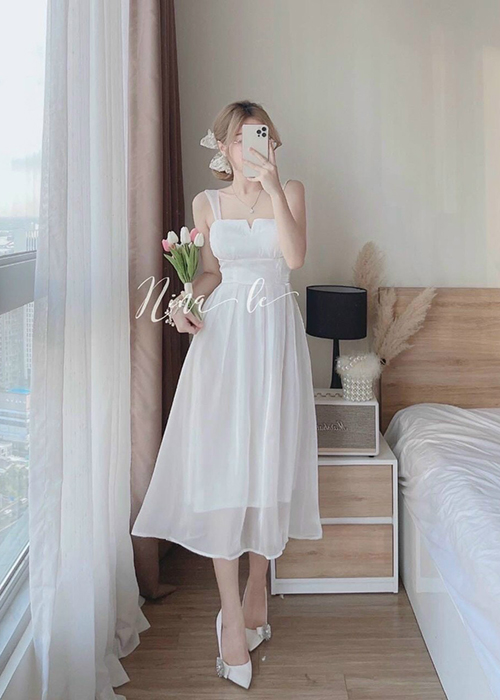 Đầm Voan Trắng 2 Dây Form Dài Cổ Cách Điệu Thời Trang
