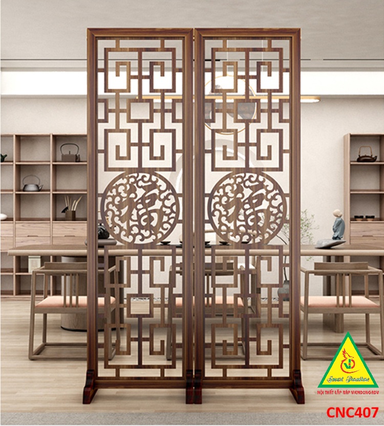 Vách ngăn phòng khách, vách ngăn tủ kệ bằng gỗ CNC407- Nội thất lắp ráp Viendong adv