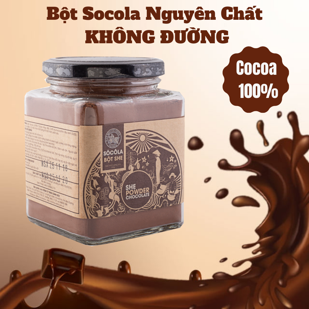 Bột Socola SHE nguyên bản - Hũ thủy tinh 170g - SHE Chocolate. Bổ sung năng lượng, tốt cho sức khỏe và dinh dưỡng, pha uống nóng/ đá tiện lợi. Quà tặng sức khỏe, quà tặng người thân, dịp lễ