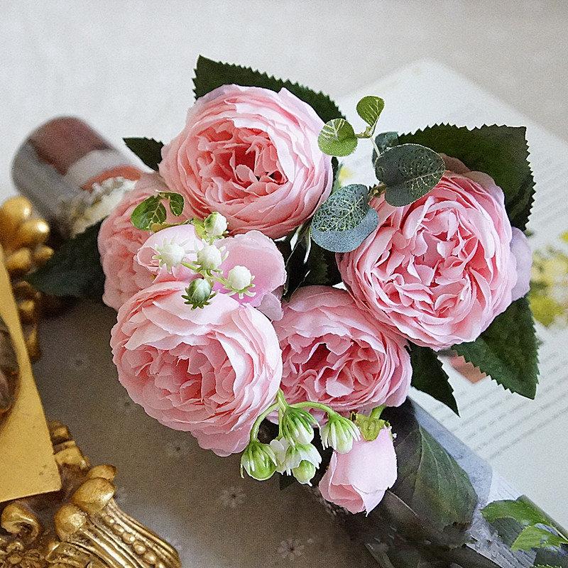 Hoa lụa cao cấp, cành 5 bông mẫu đơn quý tộc Châu Âu sang trọng trang tri phòng khách, nhà hàng, khách sạn, spa Rosely-602