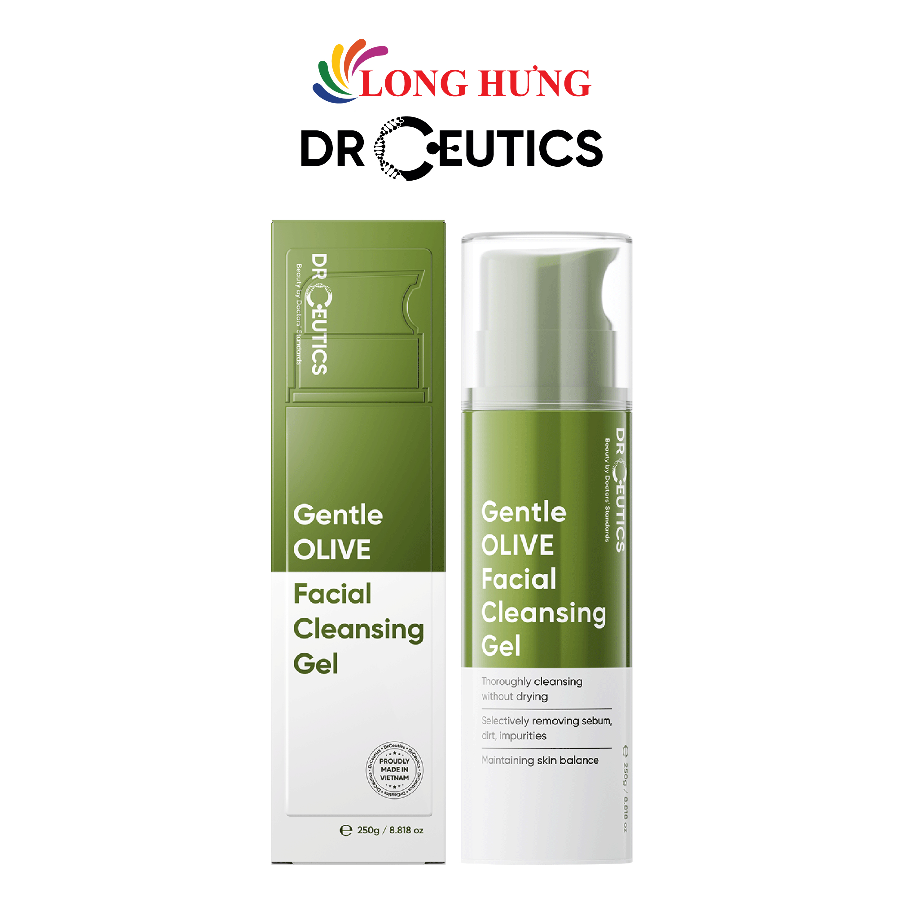 Gel rửa mặt tạo bọt DrCeutics Gentle Olive Facial Cleansing Gel (250g) - Hàng chính hãng