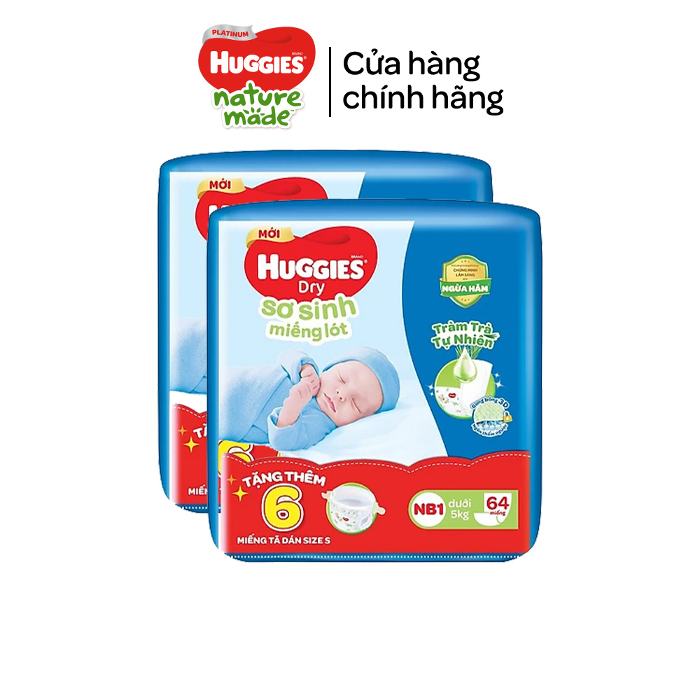 [Tặng kèm tã] Combo 2 Miếng lót Sơ Sinh Huggies Tràm Trà NB1 64 miếng/108 miếng