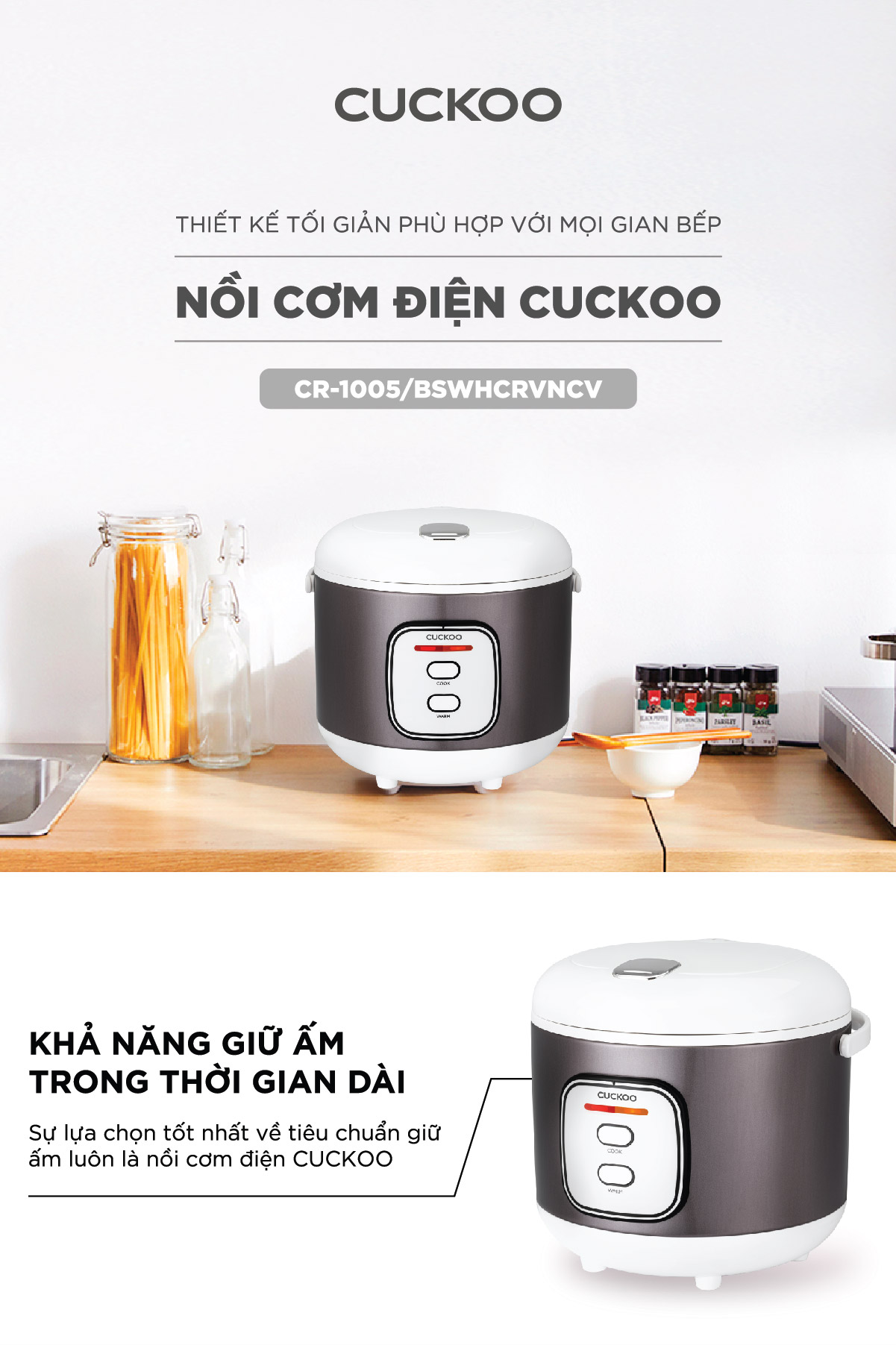 Nồi cơm điện Cuckoo 1.8L CR-1005 lòng nồi chống dính, 1 nút ấn dễ dàng điều khiển - Hàng chính hãng Cuckoo Vina