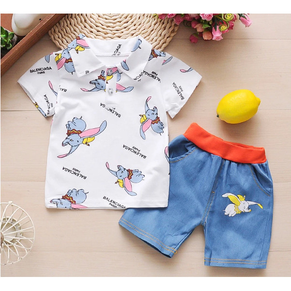 Bộ bé trai nhí gồm áo thun cotton trắng in hình chú voi và quần jean xanh mềm mịn BBT027 cho bé từ 6-15kg