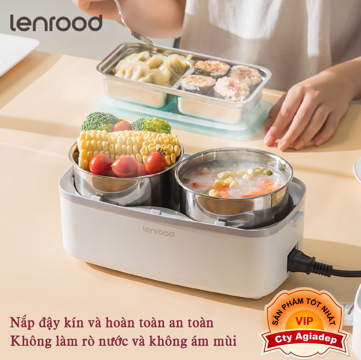 Hộp cơm tự nấu Lenrood 3 thâng 1.8L cao cấp dùng để nấu, hâm nóng và bảo quản đồ ăn.
