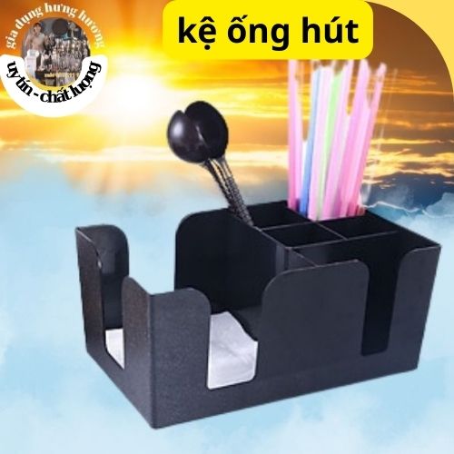 Khay kệ hộp úp cốc trà sữa mini - khay đựng ống hút, giấy ăn mica chữ nhật đen