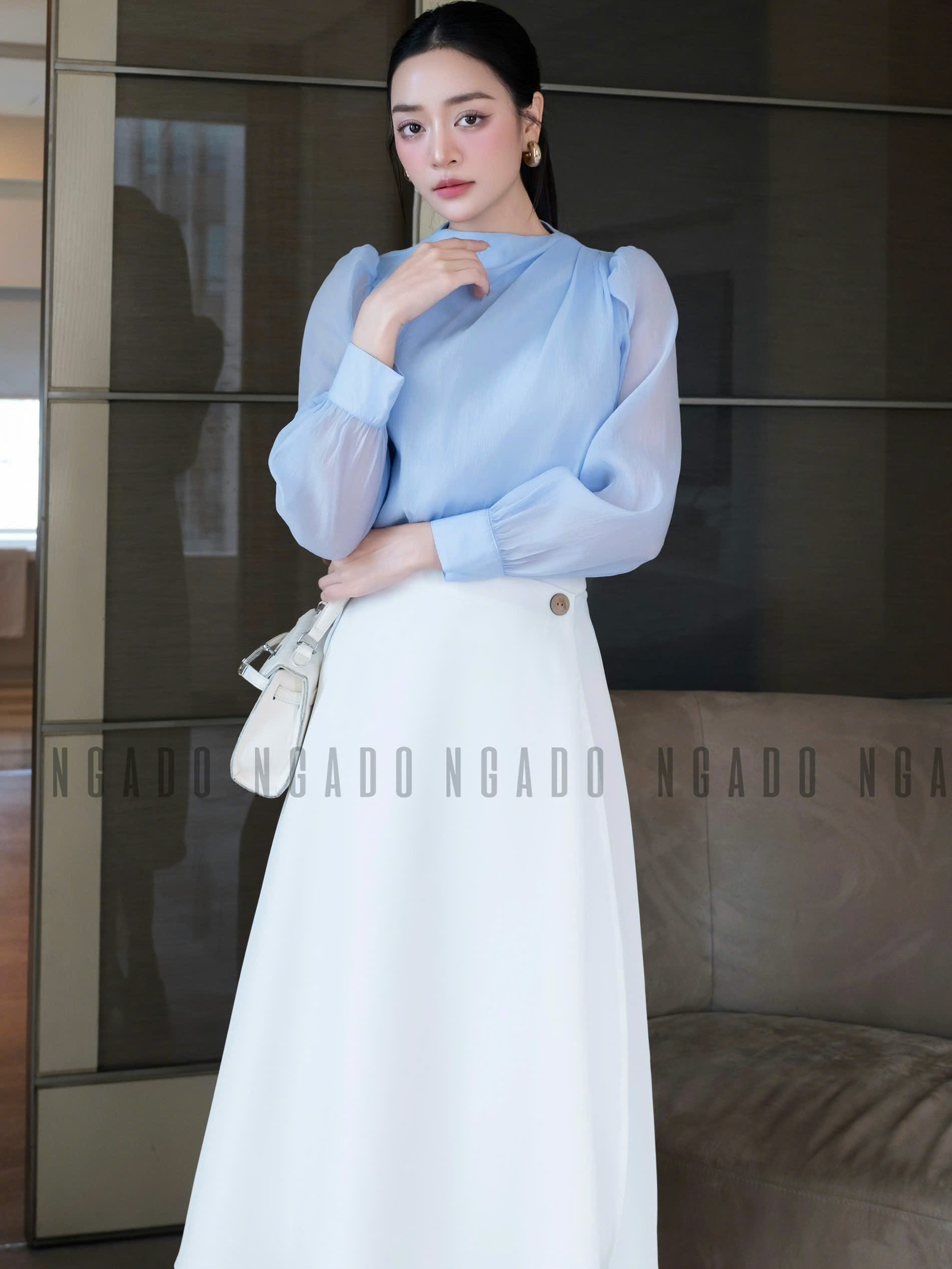 Set áo voan xanh váy trắng NGADO , set áo váy dài , set công sở