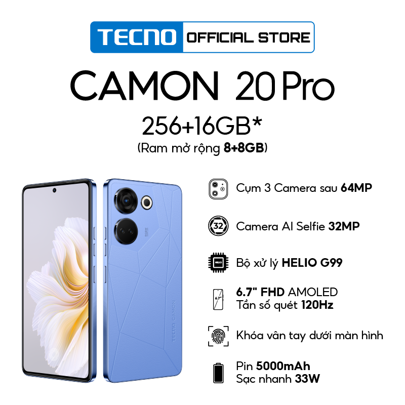 Điện thoại Tecno CAMON 20 Pro 8GB/256GB - Camera 64MP + 32MP | Helio G99 | 5000 mAh/ 33W | 6.7'' FHD AMOLED - Hàng Chính Hãng - BH 13 Tháng