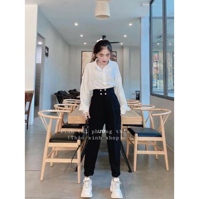Quần baggy đính khuy,quần baggy nữ lưng cao 4 khuy