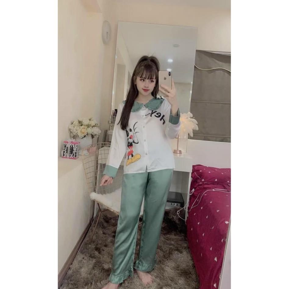 Freeship Đồ Bộ Pijama - Bộ Lụa Tay Dài Tiểu Thư Cổ Nơ