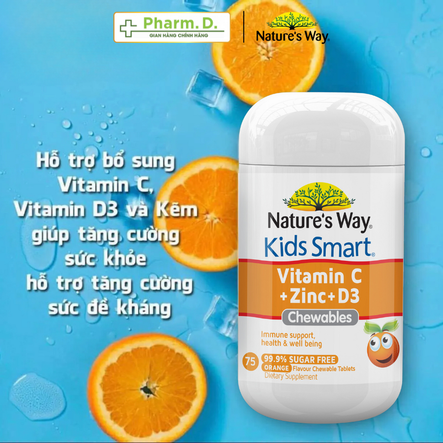 Kẹo Nhai NATURE'S WAY Kids Smart Chewable Giúp Bổ Sung Vitamin C, Kẽm Và Vitamin D3 Cho Bé (Hộp 75 Viên)