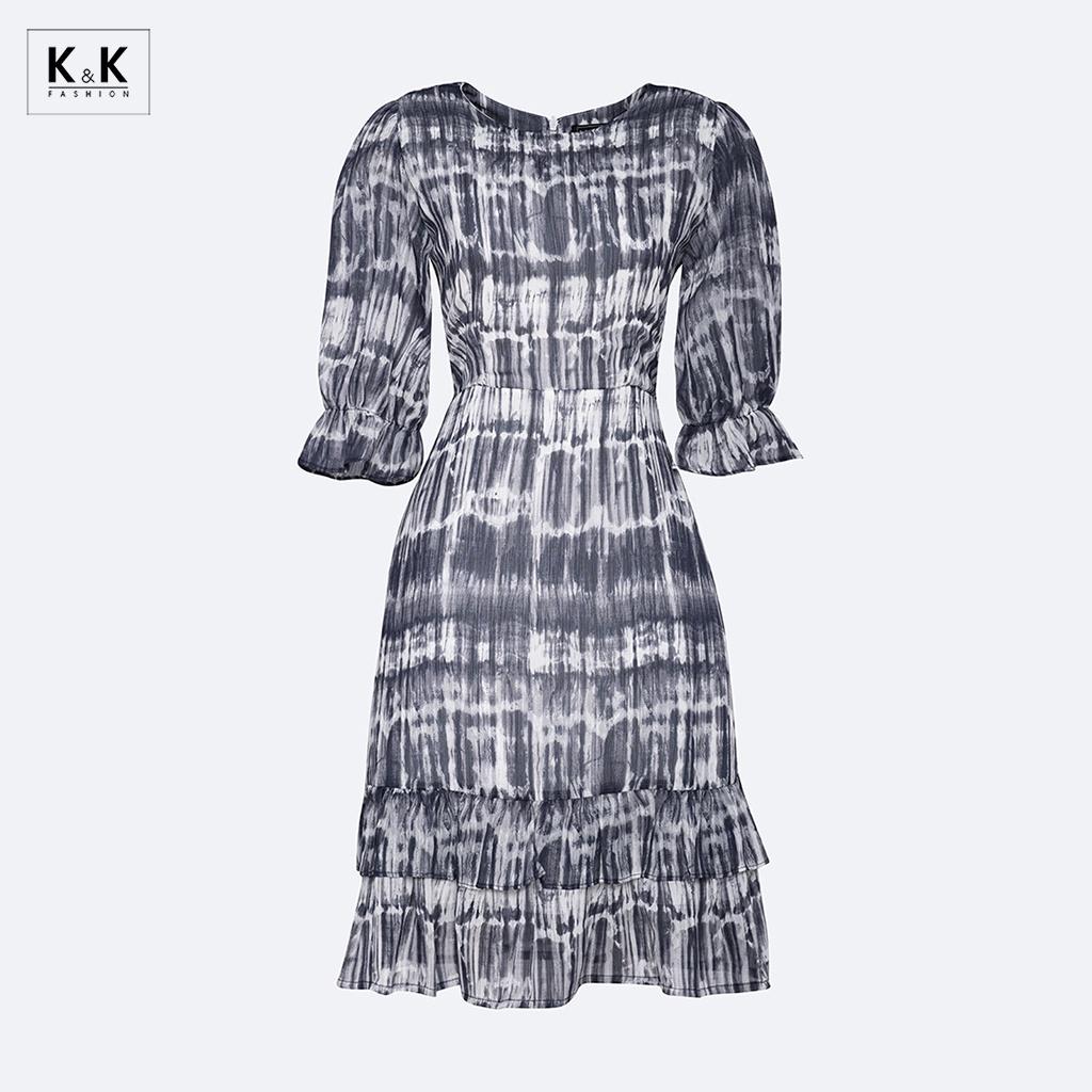 Đầm Đuôi Cá Họa Tiết Tay Lỡ Phối Bèo K&K Fashion KK119-36 Chất Liệu Voan Hàn