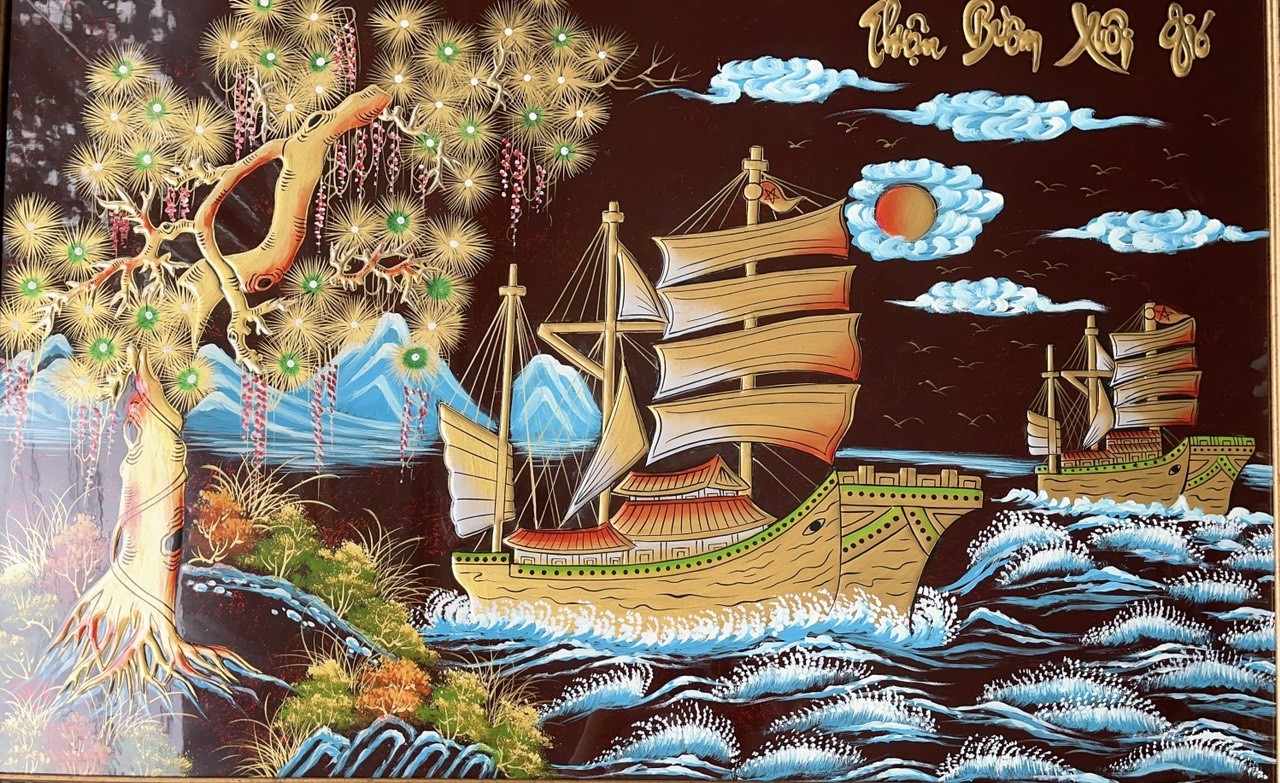 Tranh sơn mài Thuận Buồm Xuôi Gió đắp nổi hàng xuất khẩu trang trí nhà, quà tặng tân gia, khai trương ý nghĩa