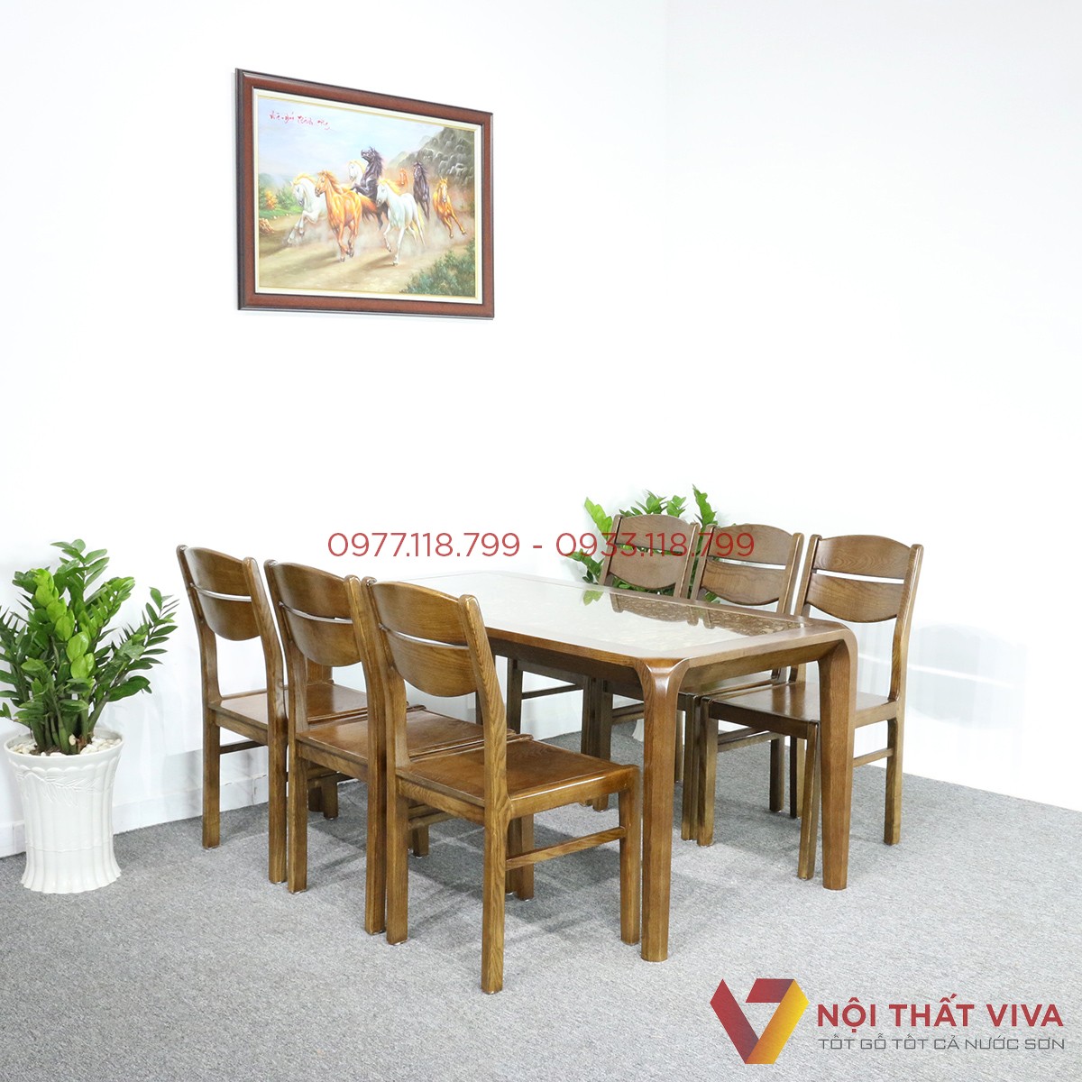 Bộ Bàn Ăn Gỗ Sồi Tự Nhiên Mặt Đá 6 Ghế Đẹp Hiện Đại