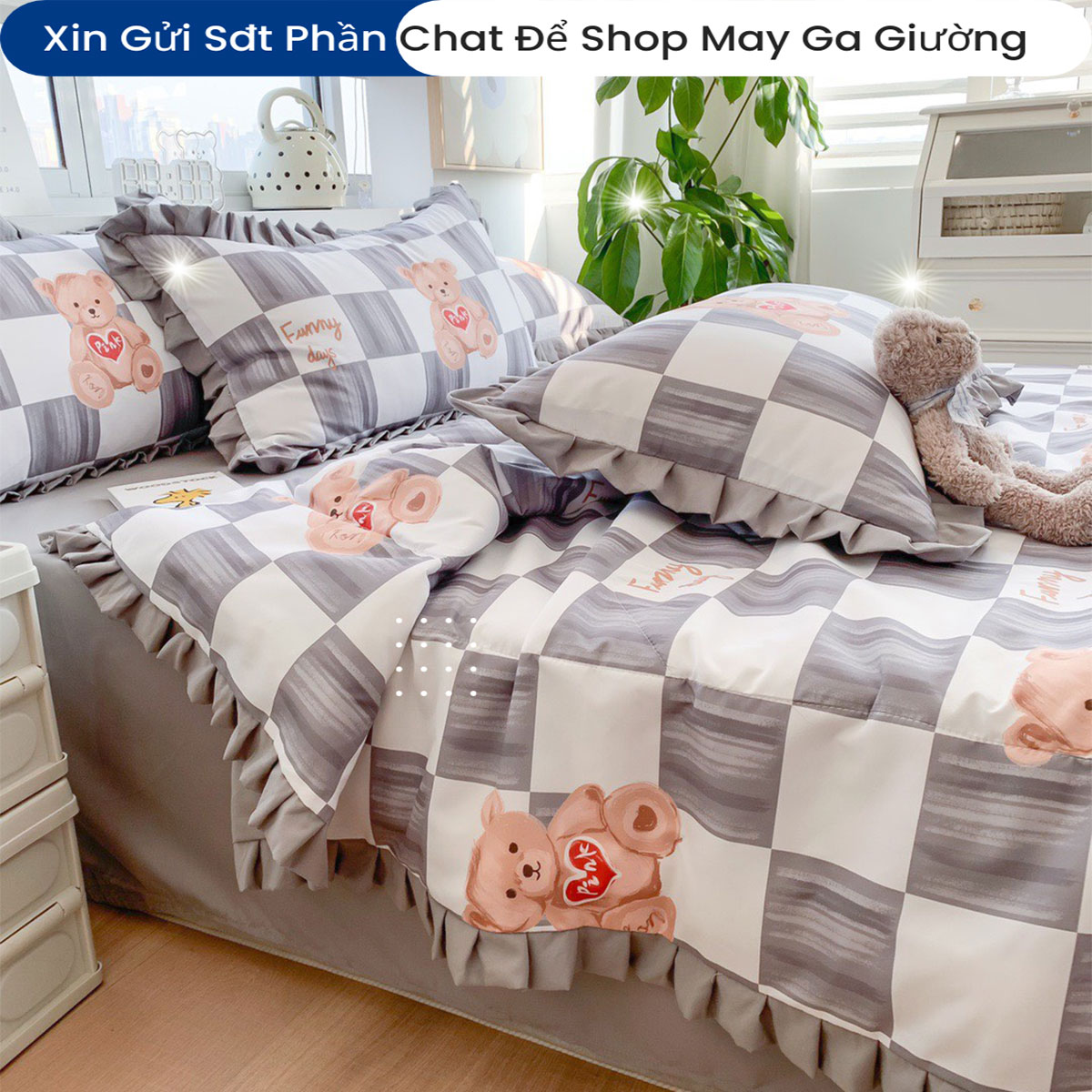 Bộ Chăn Ga Gối Đệm Hè Cotton Tici ANNA NGUYÊN Drap Giường Cotton Cao Cấp Mẫu Kẻ Ô Bo Chun Drap