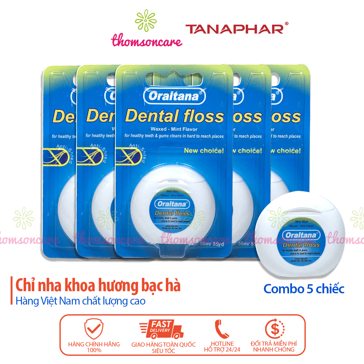 Chỉ nha khoa Oraltana Combo 5 cuộn - Vệ sinh răng miệng, hương bạc hà