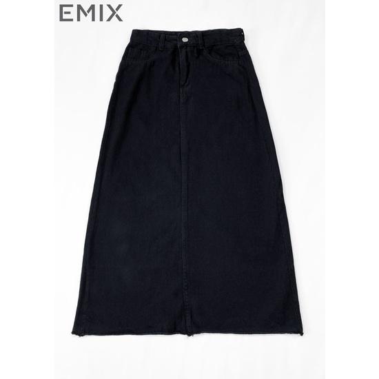 Chân váy bò basic EMIX (màu đen), midi, dáng dài, cạp cao, chữ A, có túi, vải jeans co giãn tốt, ít bai xù, CV46