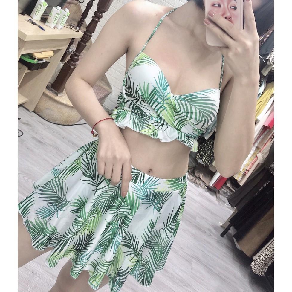 freeship Bikini hai mảnh váy xòe ️Freeship️ họa tiết hoa lá lá cọ quần cạp cao mặc đi biển đi bơi mới nhất