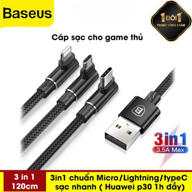 Cáp Sạc Đa Năng Thiết Kế Gập 90 Độ Series 3 Đầu Lightning - Microusb - Type-C Dài 120cm Vừa Sạc Chơi Game - Hàng Chính Hãng Baseus