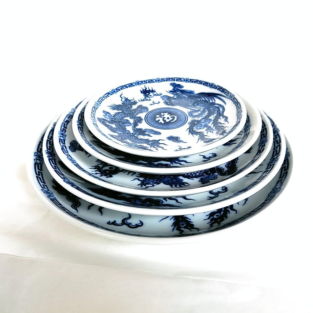 Gốm sứ Bát Tràng - Bộ 5 đĩa sứ tròn men lam vẽ Long Phụng