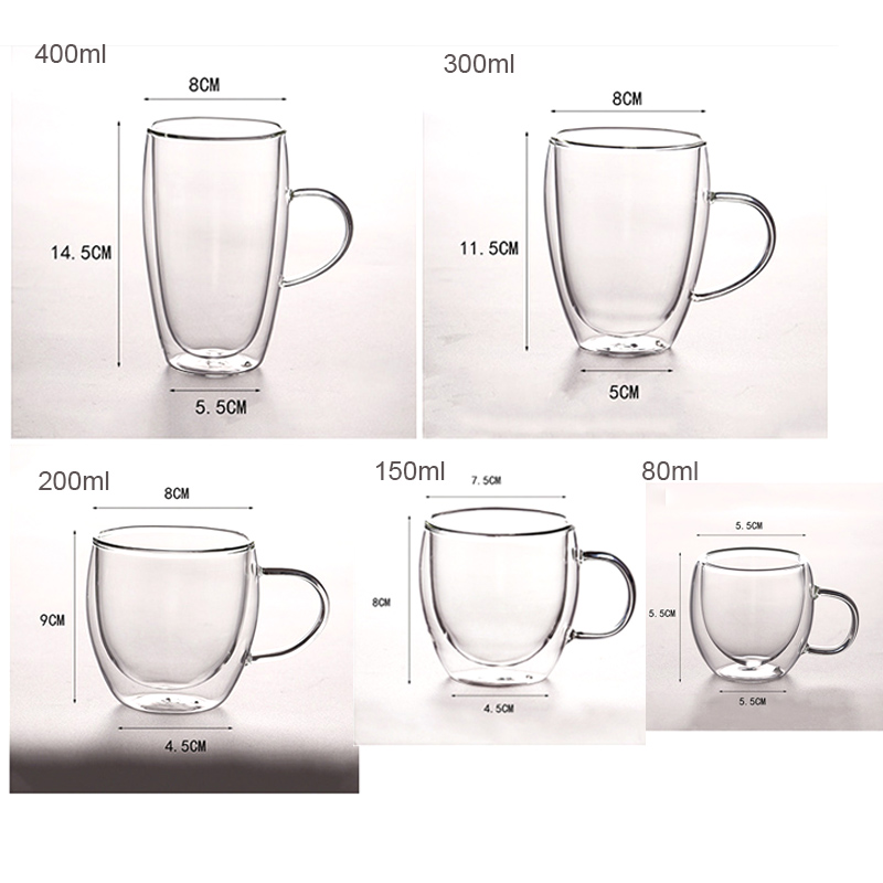 Cốc ly thủy tinh 2 lớp giữ nhiệt uống trà và café, có tay cầm loại 400ml-300ml-200ml-150ml-80ml tùy chọn