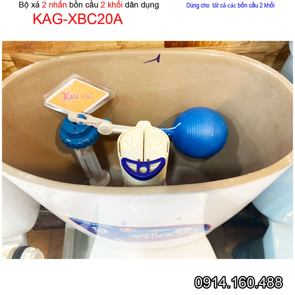 Bộ xả bồn cầu 2 nút nhấn cho bồn 2 khối KAG-XBC20A nhựa 100%, RUột thùng nước xi bệt két rời Nhấn êm xả nước sạch